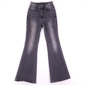 ROMWE Flare Jeans XS High Waisted Faded Black Rhinestone Cross Y2K Grunge Gothic